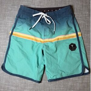 Vissla Boys Board Shorts Size 24 Teal Blue Ombre Stripe Upcycle Poly B111MDRE